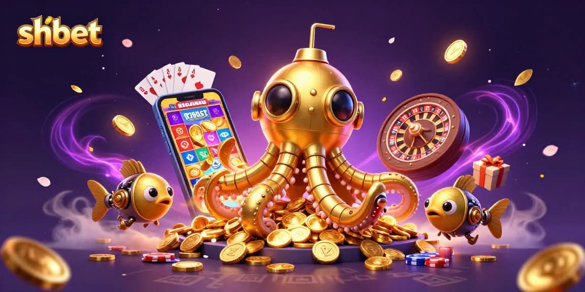 Play thrilling games at shbet with a golden kraken submarine amidst golden coins and animated slot elements.