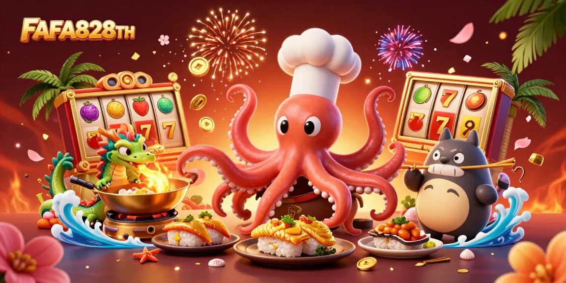 FAFA828TH showcases a vibrant 3D scene with cheerful casino themes and characters preparing for epic wins.