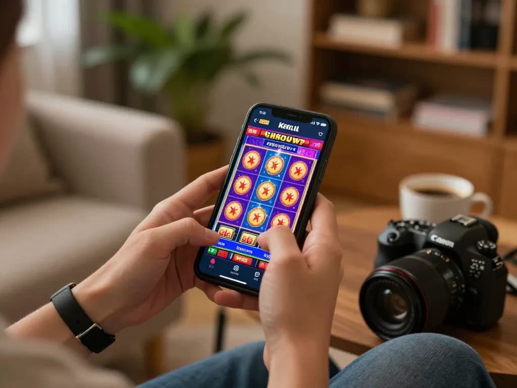 Playing slot bet kecil on smartphone in cozy home setting with warm lighting.