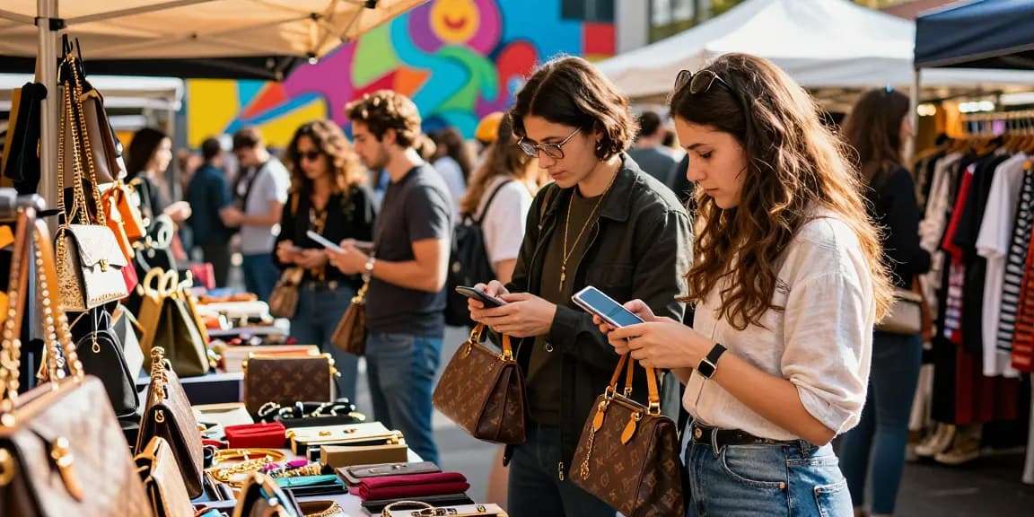 High-quality 레플리카 items showcased in a vibrant urban shopping scene.