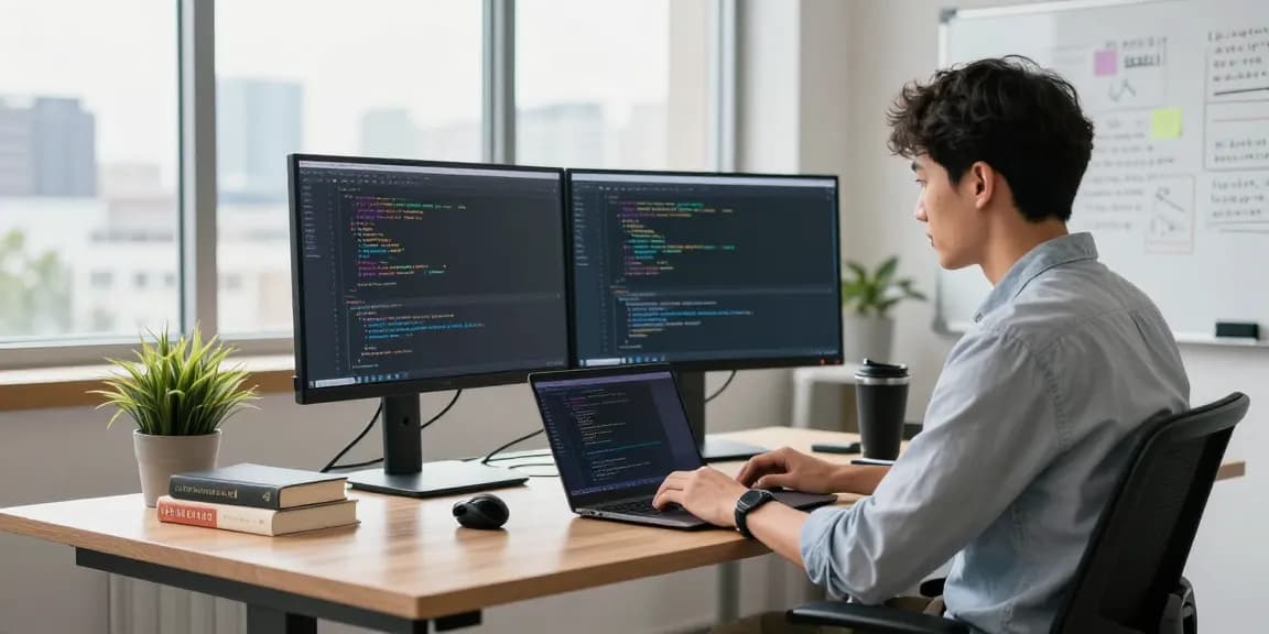 Developer using telegram中文版下载 in a modern workspace with dual monitors and natural light.