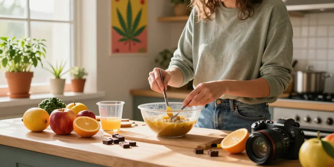 Creating thc edibles in a vibrant kitchen with colorful ingredients.