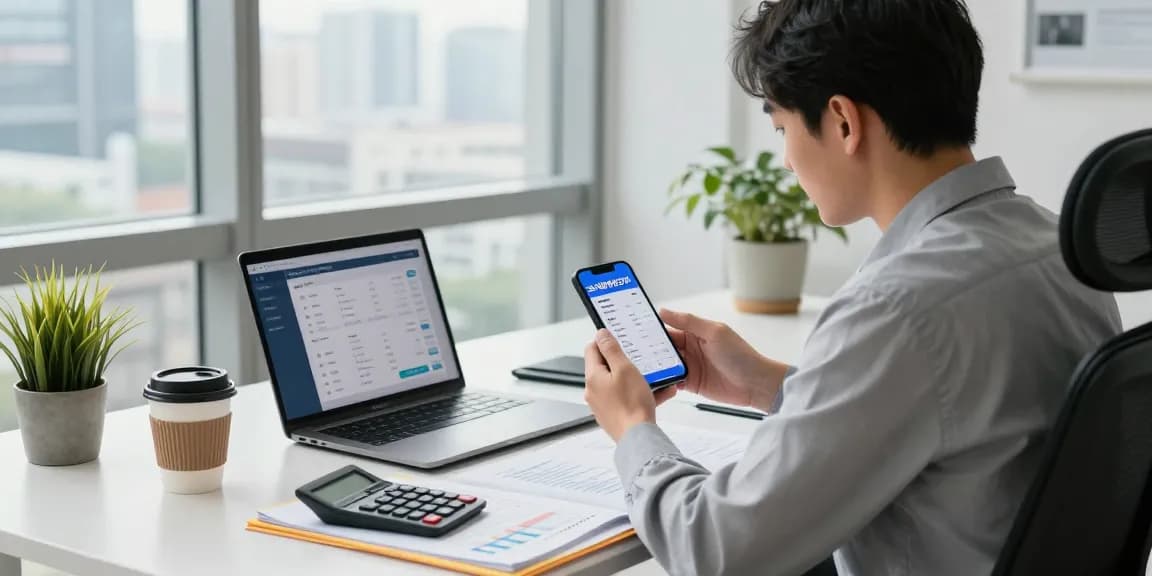 Finance professional analyzing 소액결제현금화 data in a modern workspace with financial reports and smartphone.
