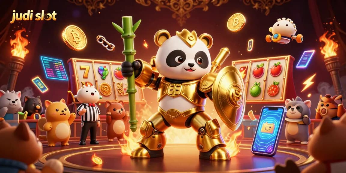 Experience the thrill of judi slot as the golden panda battles in a vibrant casino arena.