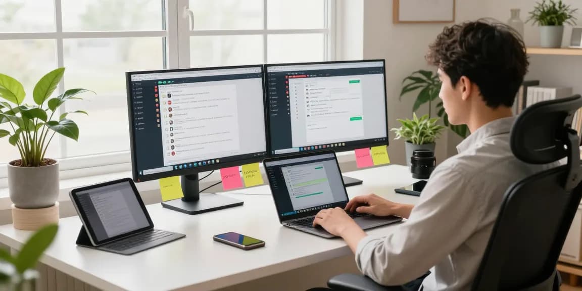 Using WhatsApp電腦版 on a modern home office setup with dual monitors and stylish decor.