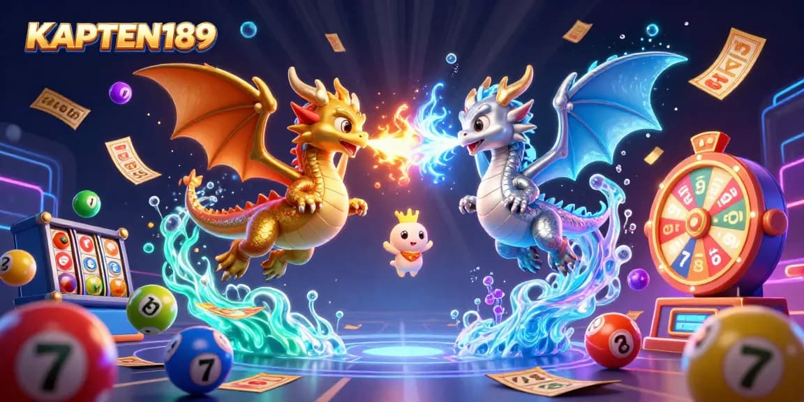 KAPTEN189 menghadirkan gambar ilustrasi kasino 3D animasi dengan naga emas dan perak bertarung dengan efek api dan es.
