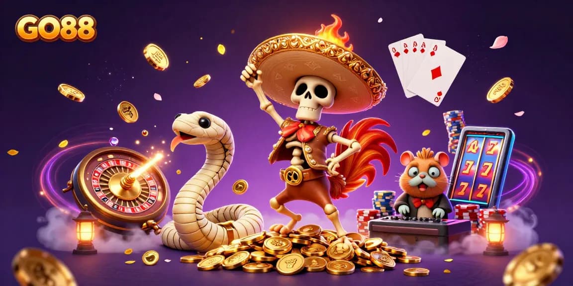GO88 triumphantly showcases a colorful casino scene with winning pigs surrounded by cascading golden coins.