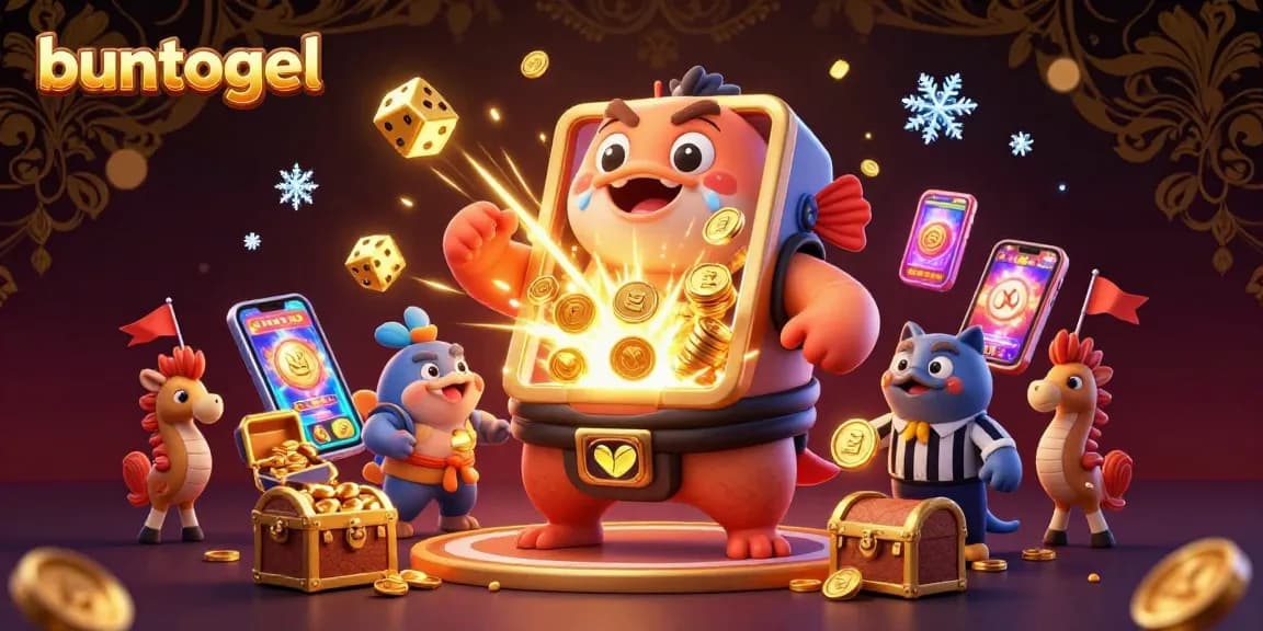 Buntogel's slot machine bursts with coins, featuring a fugu blowfish and catfish referee in a vibrant casino scene.