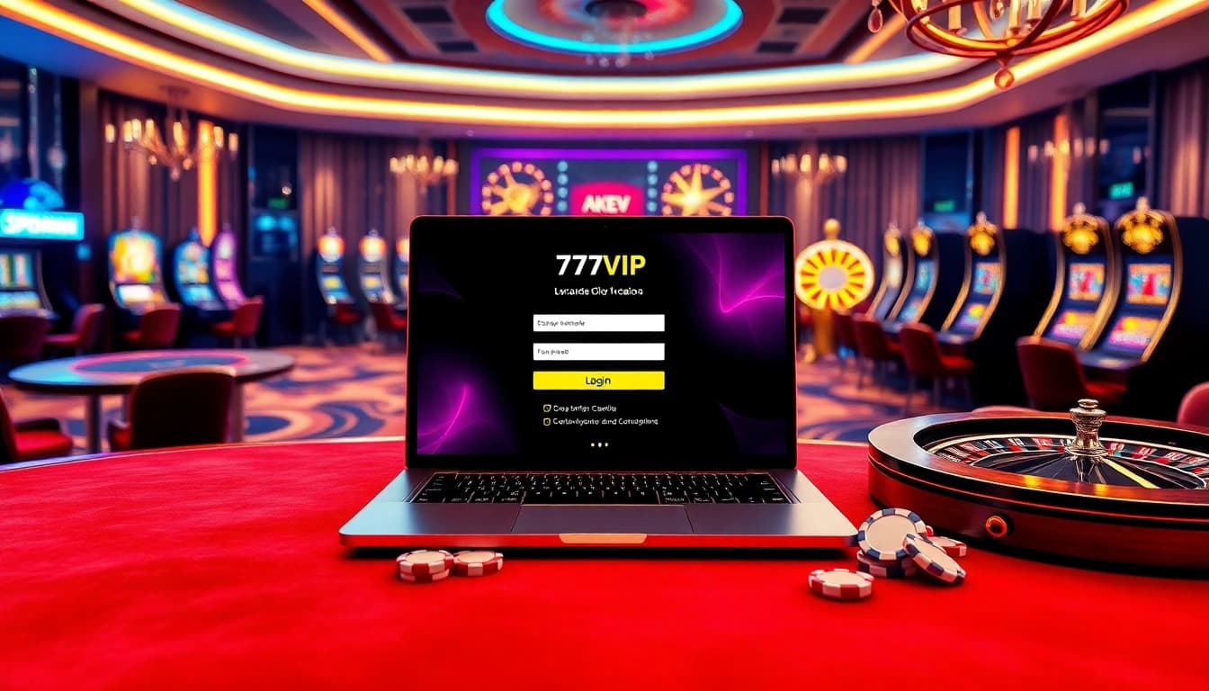 Experience the excitement of the 777VIP Login interface within a luxurious casino setting, featuring elegant gaming elements.