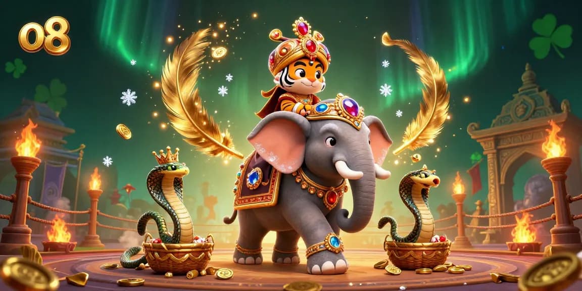 Experience the excitement at o8, featuring a vivid scene with a maharaja tiger and a jewel-encrusted elephant.