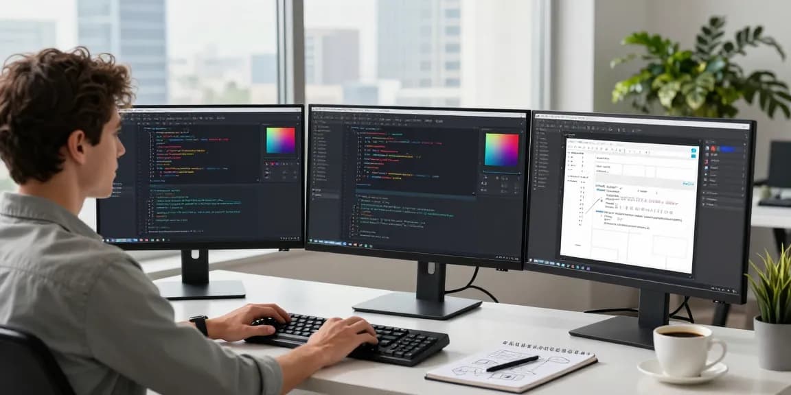 Efficient workspace showcasing Snipaste官网 tools in action, featuring a developer annotating on multiple monitors.
