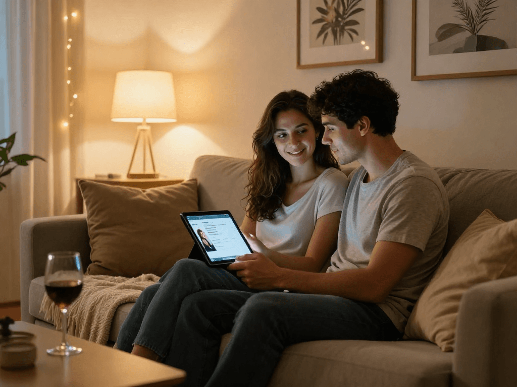 Couple enjoying a sex AI chat on a tablet in a cozy living room.