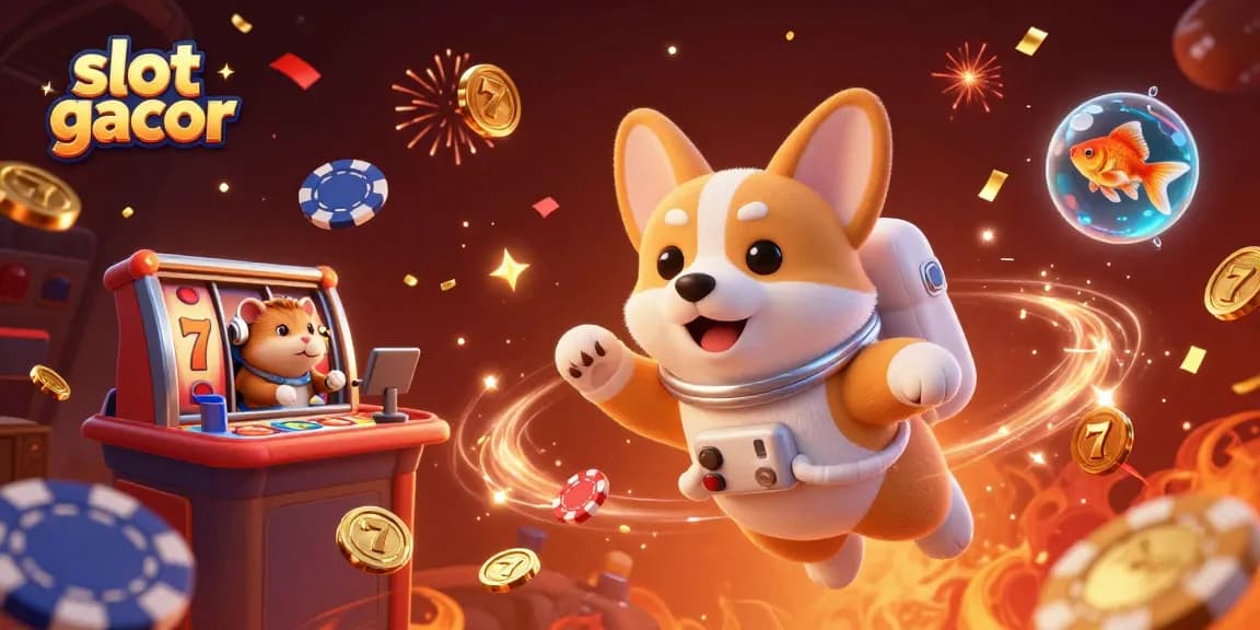 Experience the thrill of slot gacor with an astronaut corgi and casino elements in a vibrant 3D scene.