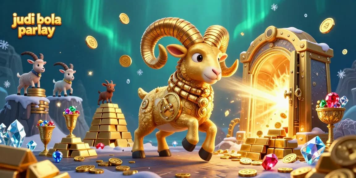 Engage in judi bola parlay action with golden ram charging through a treasure-filled scene.