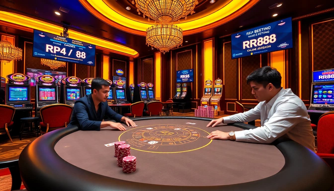 Experience RR88 gaming excitement at an upscale casino table surrounded by vibrant visuals.