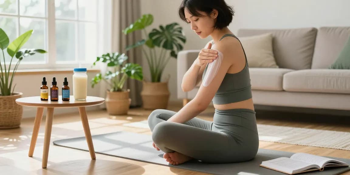 Creación de contenido de marketing con crema CBD aplicada para alivio muscular en un ambiente saludable y natural.