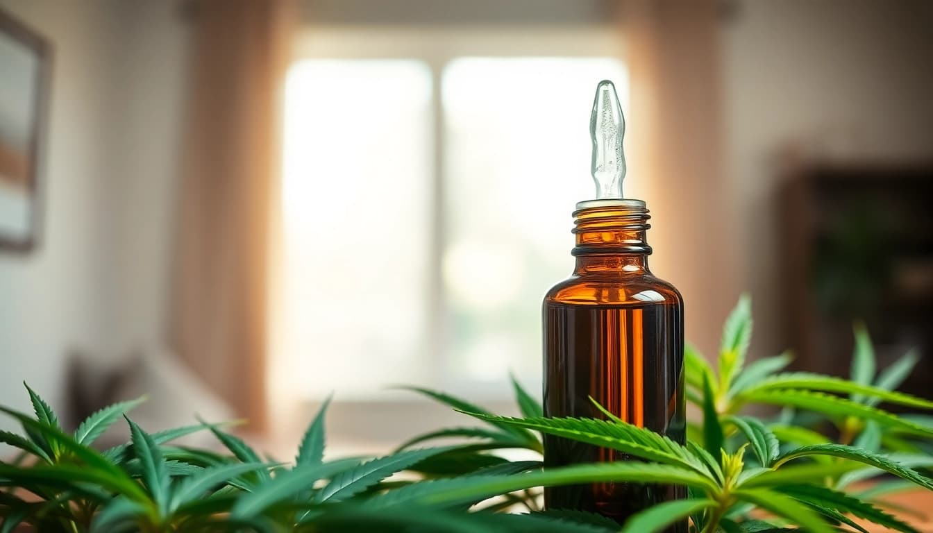 Explore CBD benefits with an elegant bottle and natural hemp leaves.