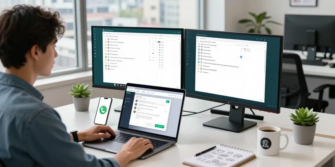 Using WhatsApp電腦版 on dual monitors in a modern office workspace