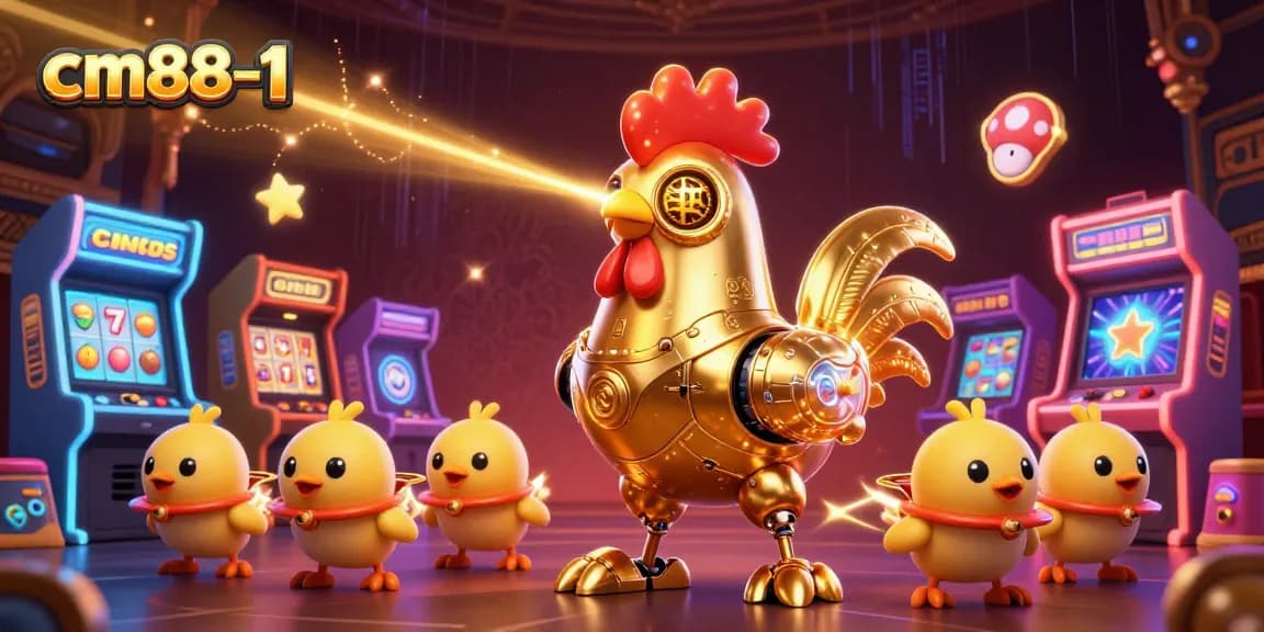 Engage with cm88-1's dynamic casino games featuring a golden rooster robot in a vibrant arcade scene.