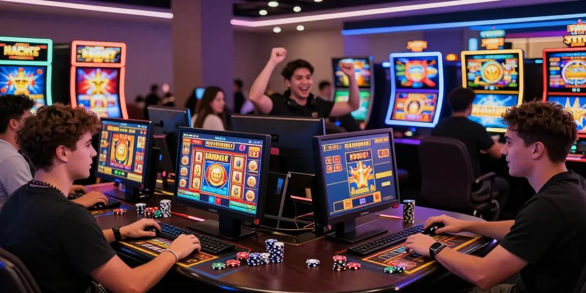Players enjoying thrilling slot games in a vibrant online casino atmosphere
