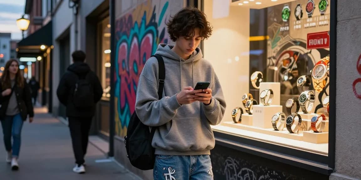 Fashionable young adult browsing 시계 레플리카 in an urban street setting with stylish street art and warm lighting.