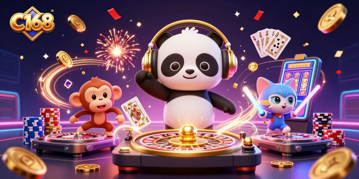 C168 offers thrilling gaming experiences with a DJ panda, dancing monkey, and glowing kitten in a vibrant casino scene.
