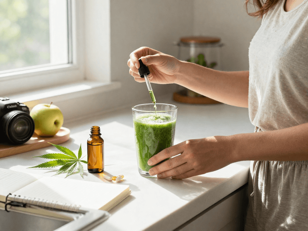 Concentrate delivery near me featuring premium CBD oil tincture, fresh hemp extract, and a wellness-friendly kitchen environment emphasizing health.