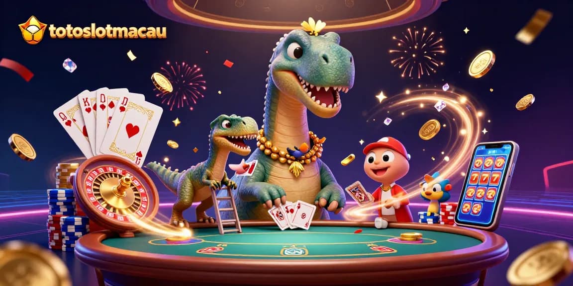 Experience the thrill at totoslotmacau with a giant brontosaurus overseeing a vibrant casino scene.