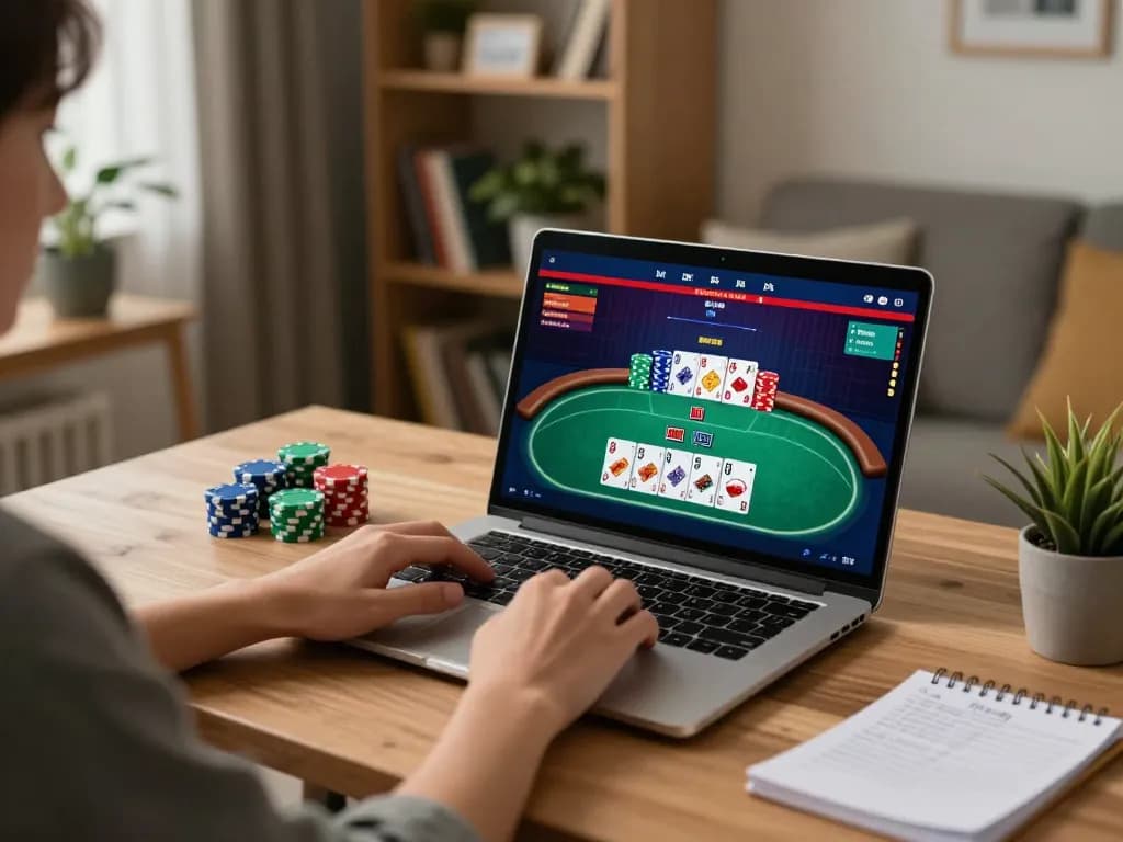 Engaging in strategic gameplay on https://l567.tech/ laptop for online poker, warm home atmosphere.