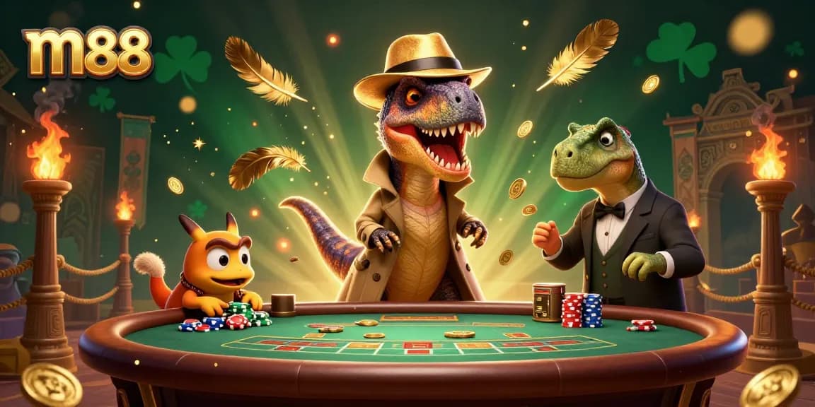 Bet on thrilling games with m88 as velociraptor counters cards at a blackjack table in a colorful casino