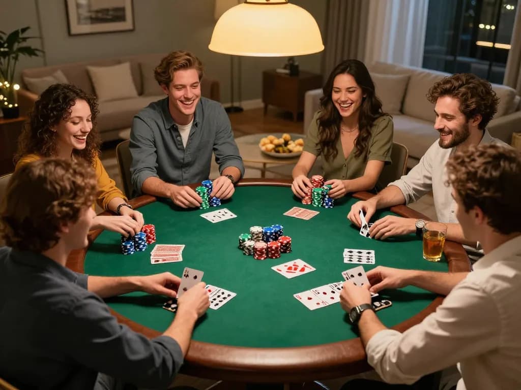 Achieve winning hands at home poker night with friends, featuring https://7hh.games/ for online gaming.