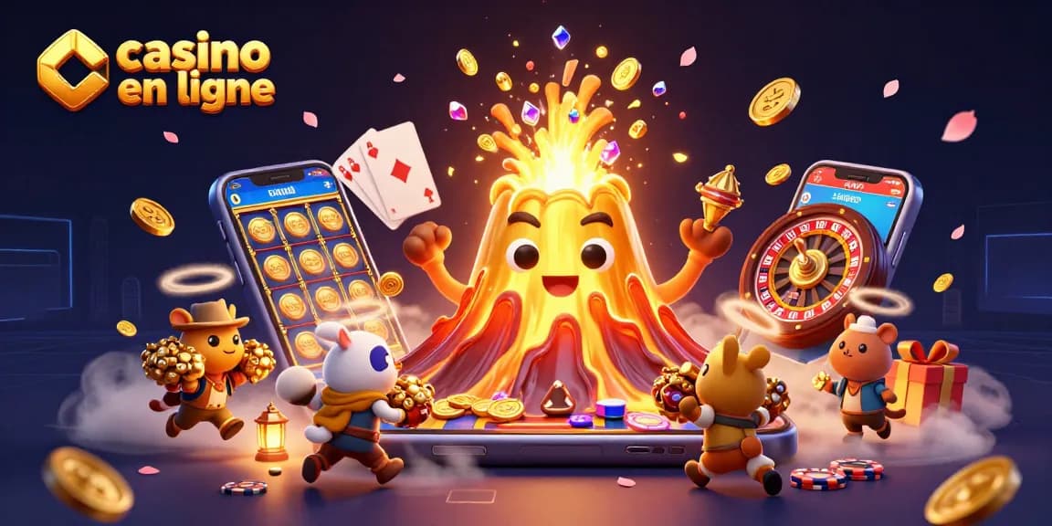 Participez à des jeux de casino en ligne captivants représentés par un volcan doré et des trésors.