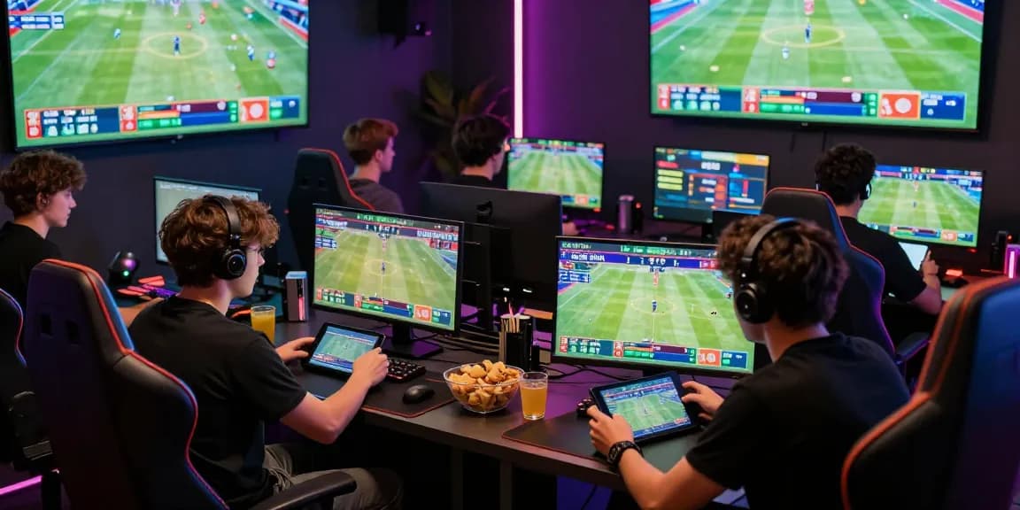 Players engaged in live betting to 瞭解內容 on the 2026 World Cup matches in a vibrant gaming studio.