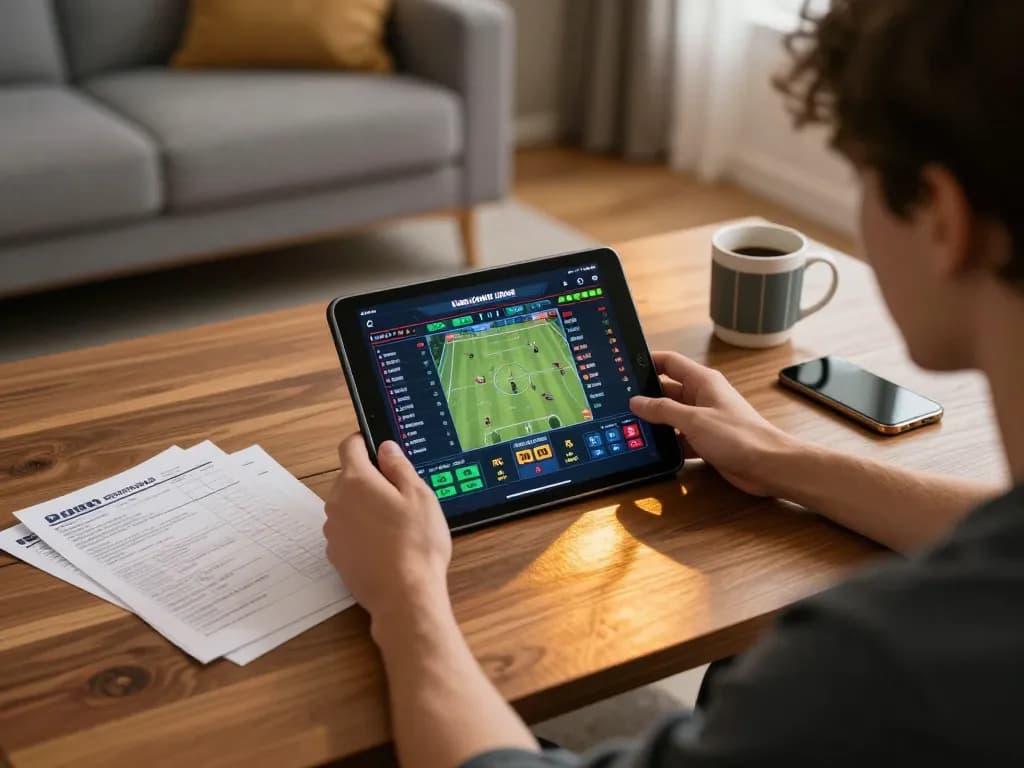 Engaging in sports betting on nhà cái gg88 using a tablet in a stylish home setting.