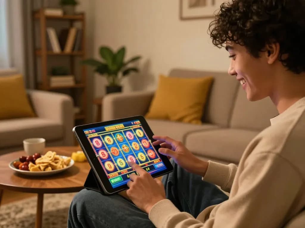 Engaging home gaming experience with slot depo 10k dana displayed on tablet during relaxed online play.