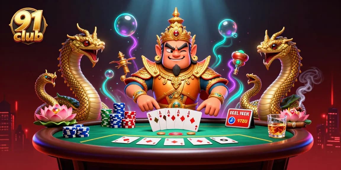 Participate in thrilling poker action at 91 club with vibrant characters and lively game elements.