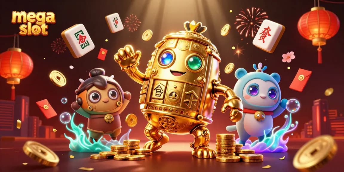 Spin mega slot dalam ilustrasi 3D yang penuh warna dan simbol keberuntungan untuk permainan kasino.