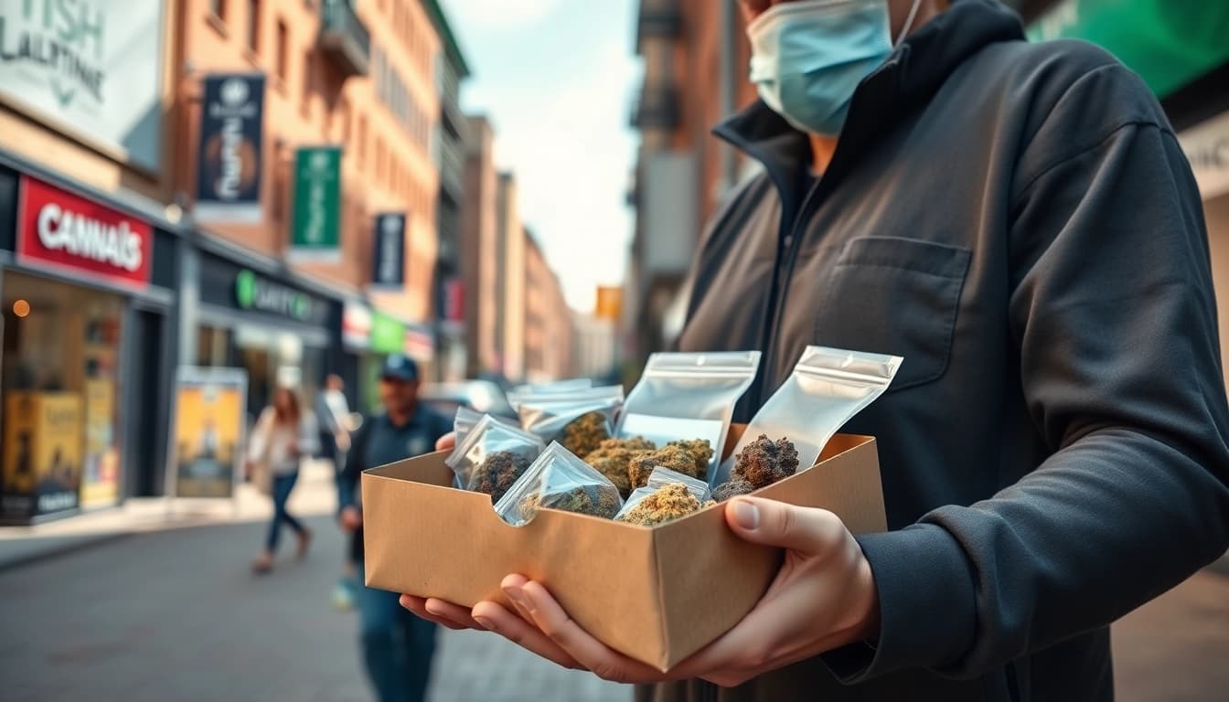 Delivering hash uk delivery package in an urban setting with vibrant surroundings.