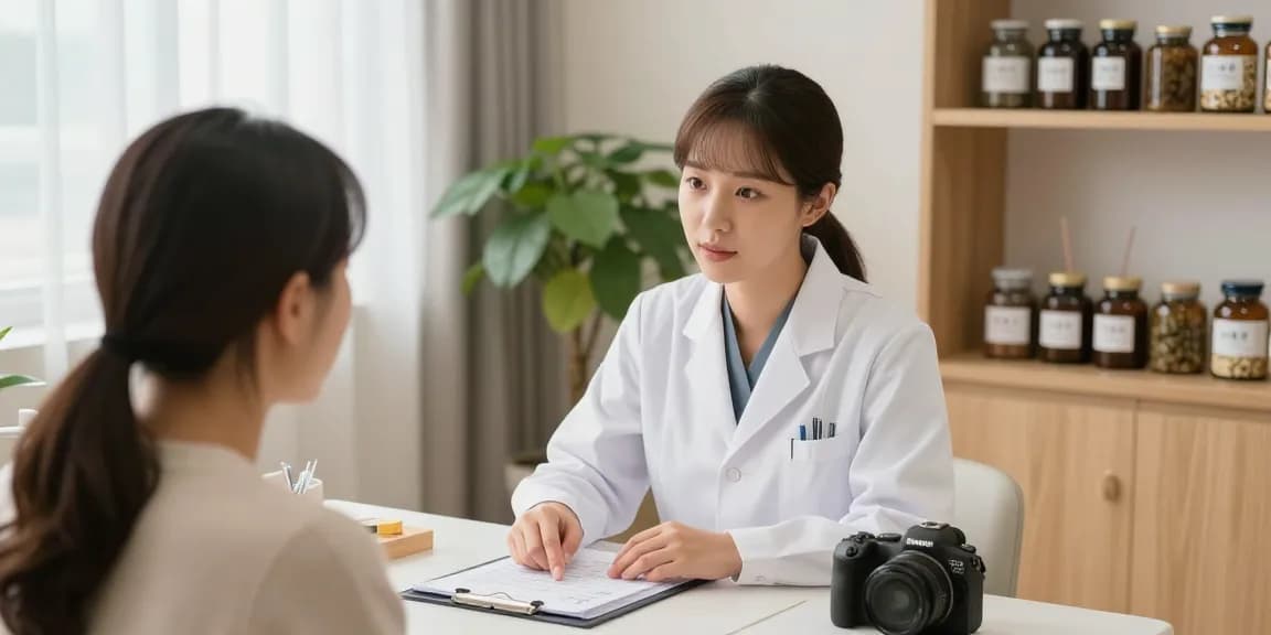 Consultation at a 수원한의원 with a physician discussing a treatment plan amidst calming clinic decor.