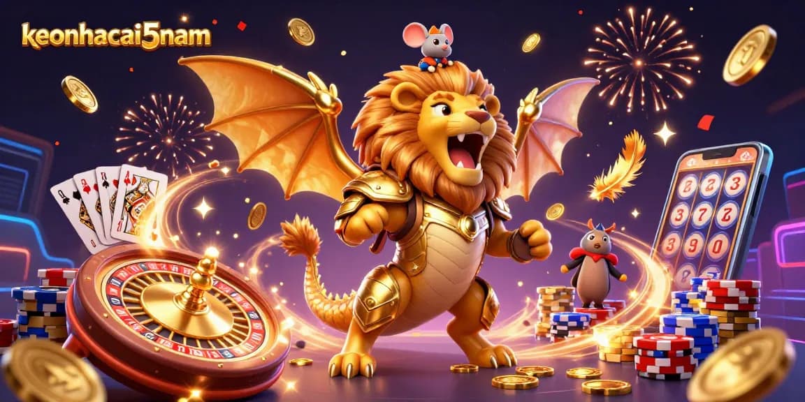 Experience thrilling wins with keonhacai5nam, featuring a roaring chimera and dynamic casino elements.