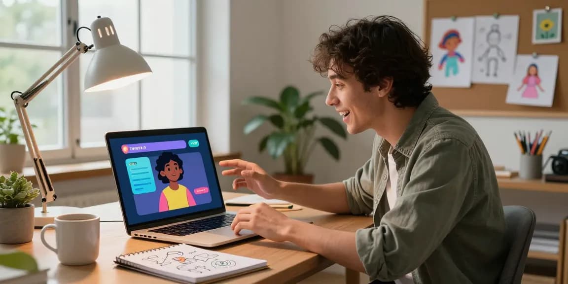 Engaging with Tavern AI, user interacts with vibrant AI characters in a creative home workspace.