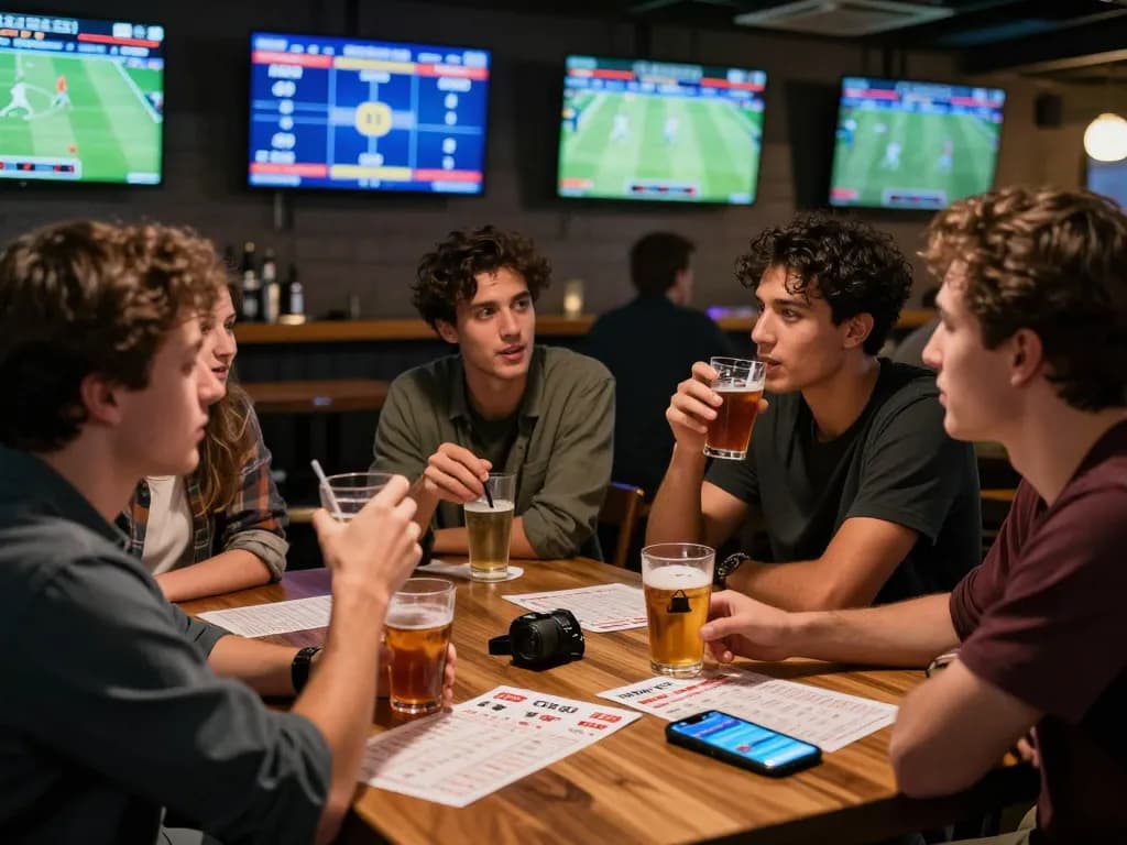 Engaged friends using the RR88 app for sports betting at a lively bar.
