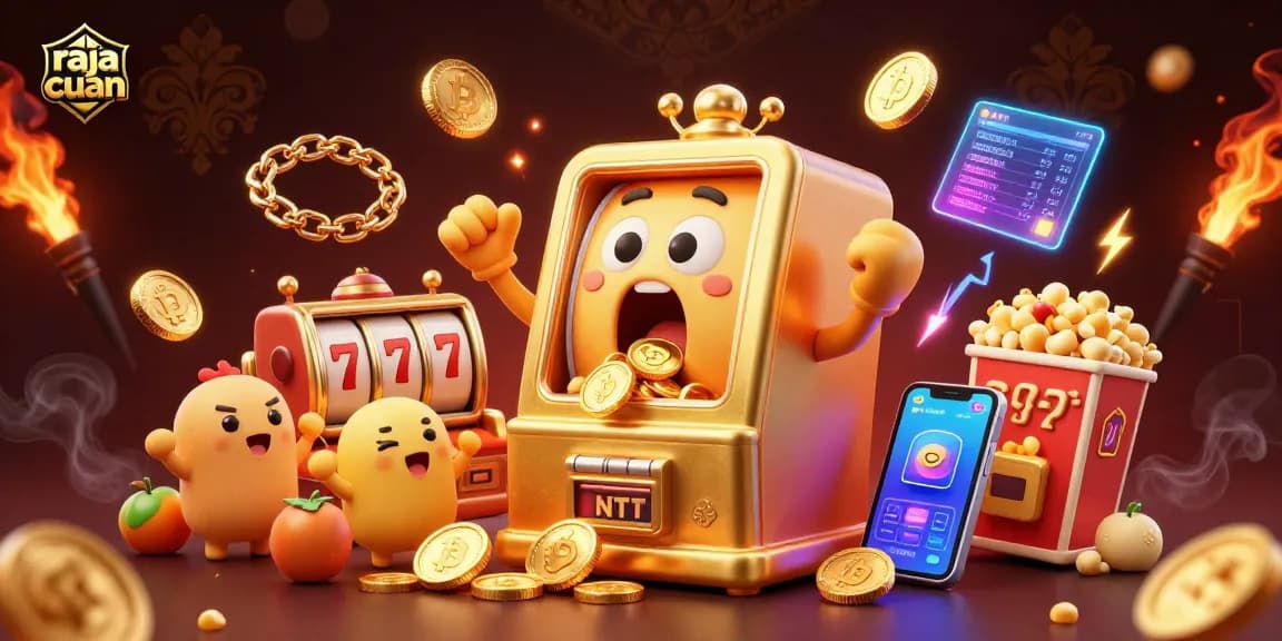 Raja cuan mesin slot yang menang jackpot, dikelilingi simbol keberuntungan dan elemen kasino.