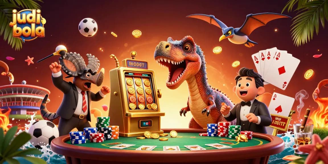 Catch exciting judi bola action as a pachycephalosaurus wins coins near a slot amidst a bustling casino scene.