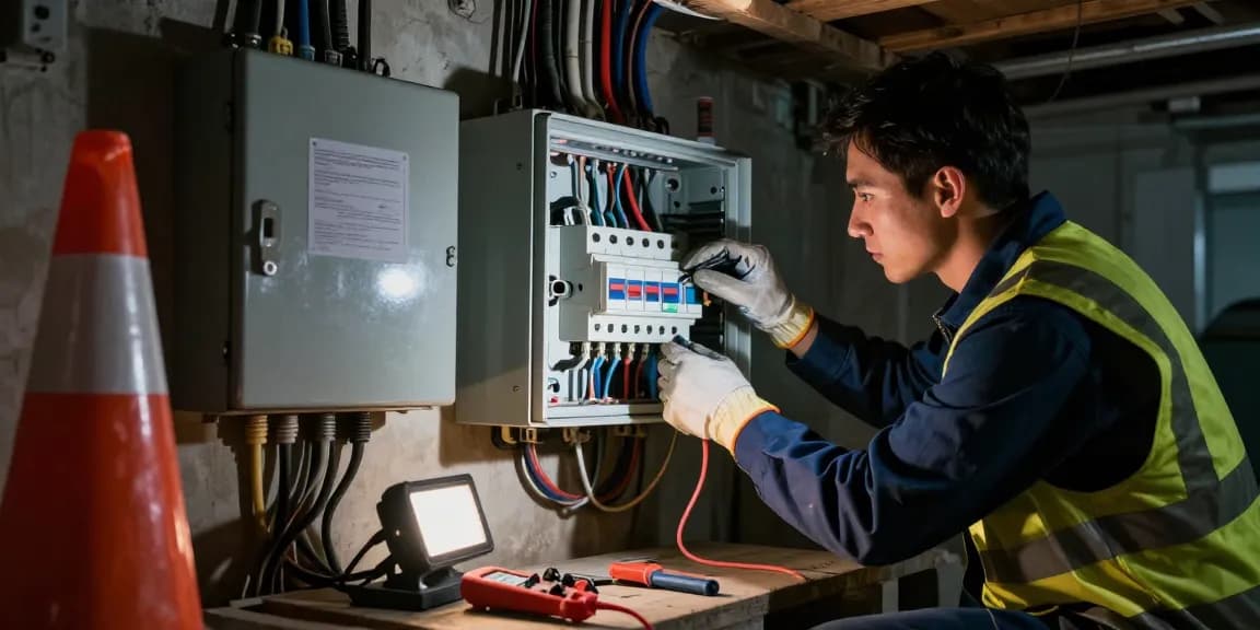 Emergency electrician at indigoboxersndanes.com fixing electrical panel during urgent safety situation.