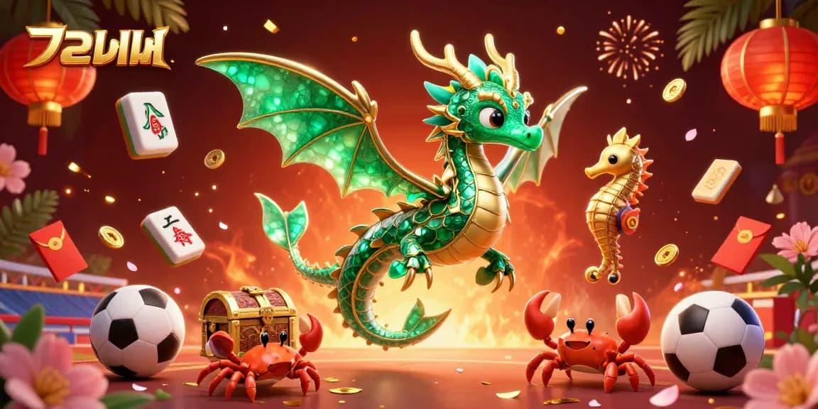 Experience the thrill of แทงบอล in a vibrant 3D scene filled with sports elements and a magical dragon