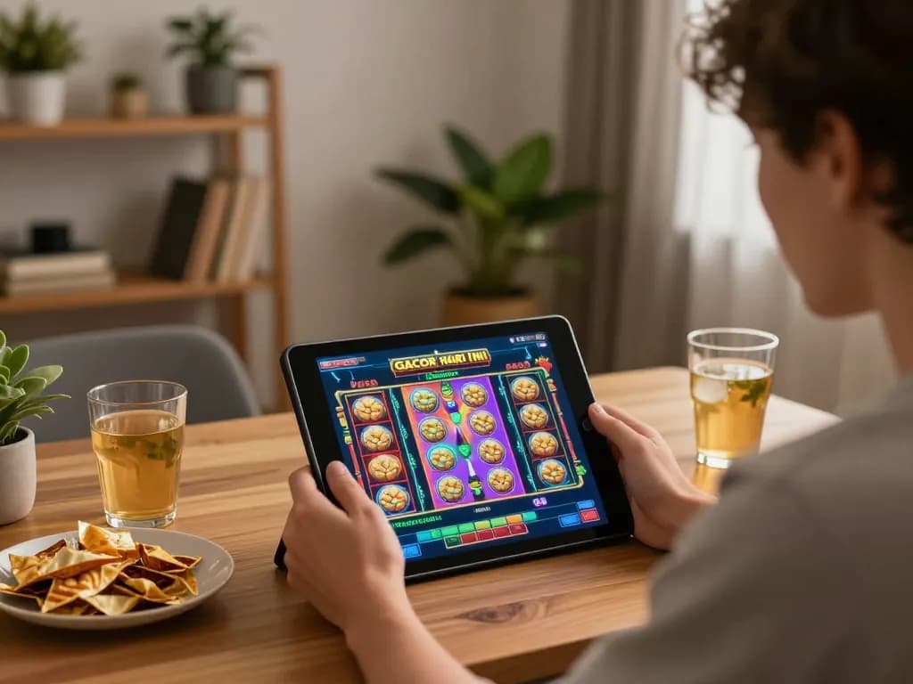 Engaging in slot gacor hari ini while enjoying a casual home gaming setup with colorful tablet display