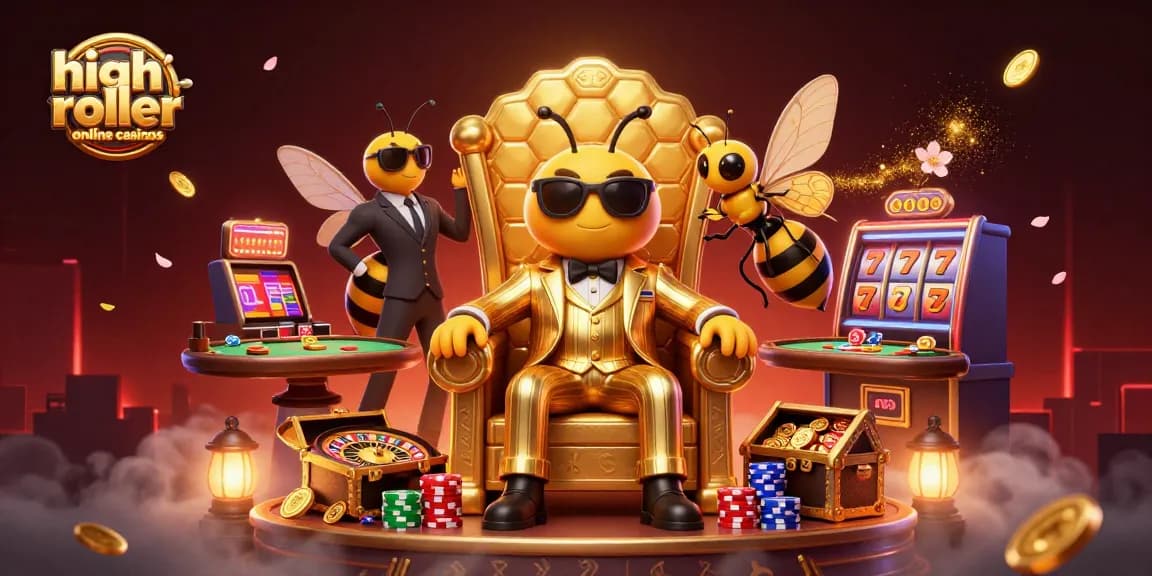 Engage with high roller online casinos in a vibrant 3D scene featuring casino games and characters.