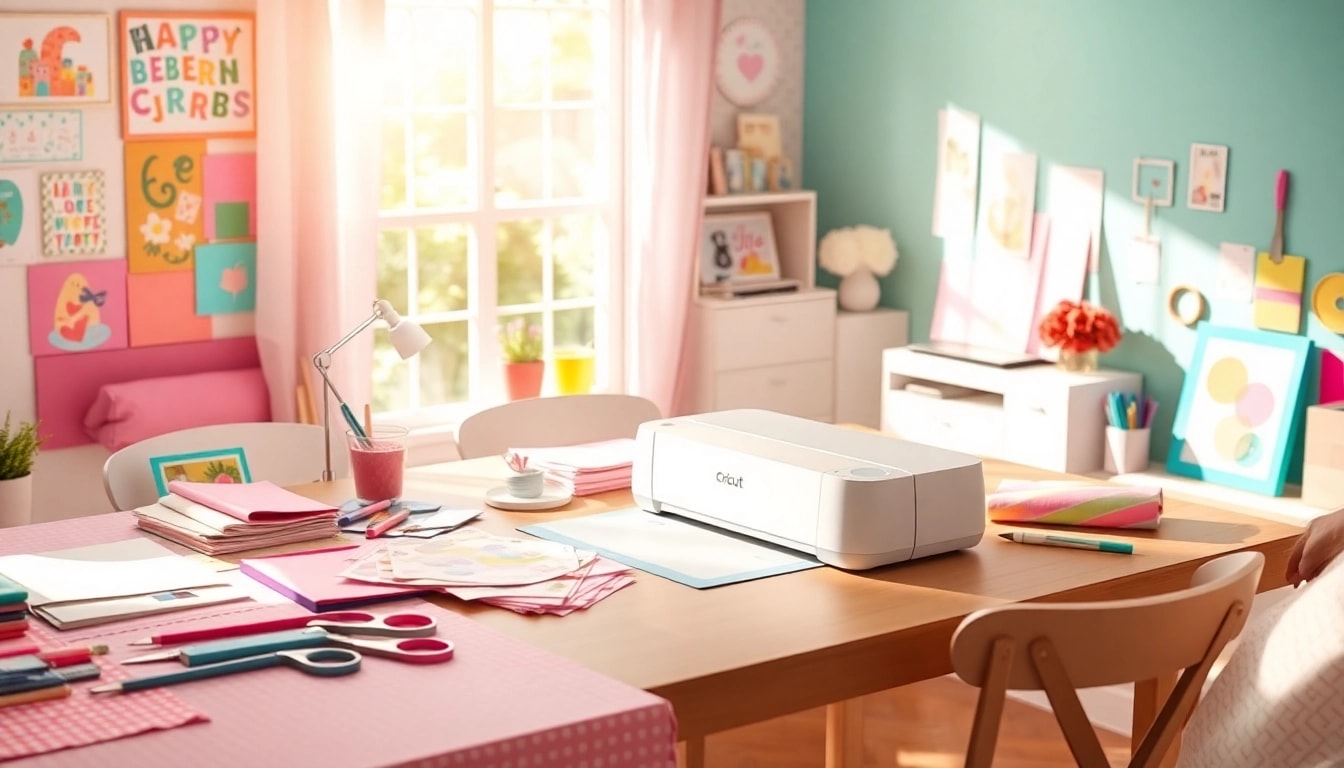 Cricut for beginners: A bright crafting workspace showcasing a beginner-friendly Cricut machine and vibrant crafting materials.