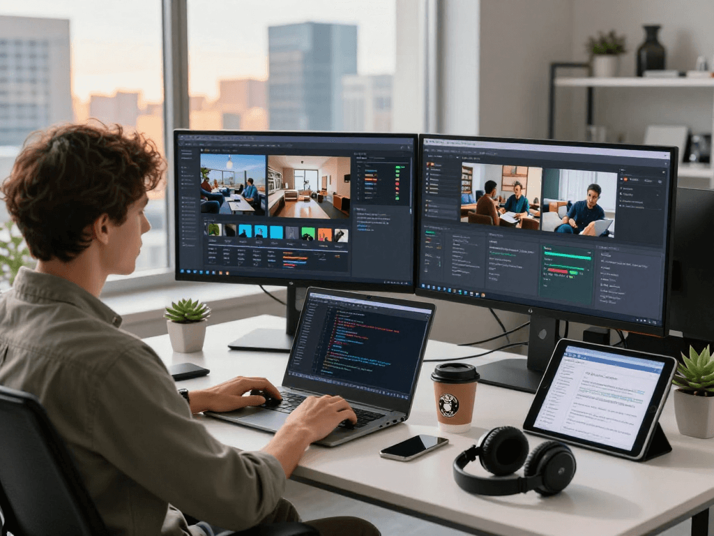 Technician using an ai image detector in a modern workspace analyzing images and videos.